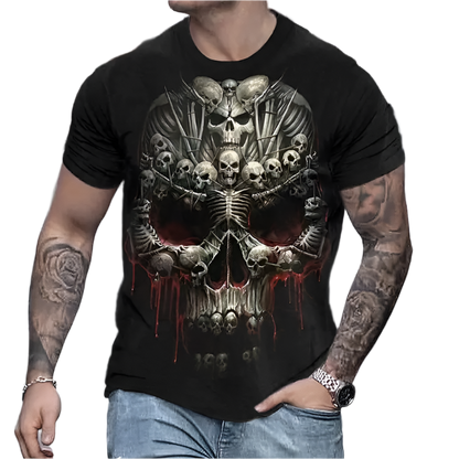 Person wearing a black t-shirt with a skull and skeleton design.