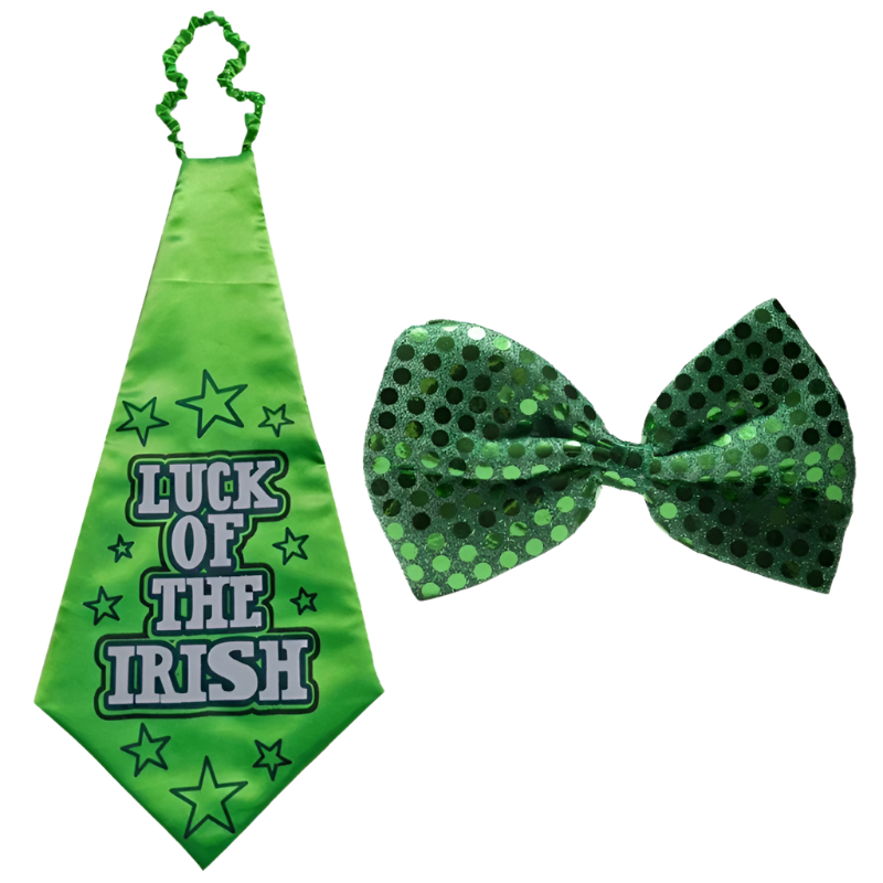 "St. Patrick's Day green sequin bow tie and necktie set with adjustable strap"
