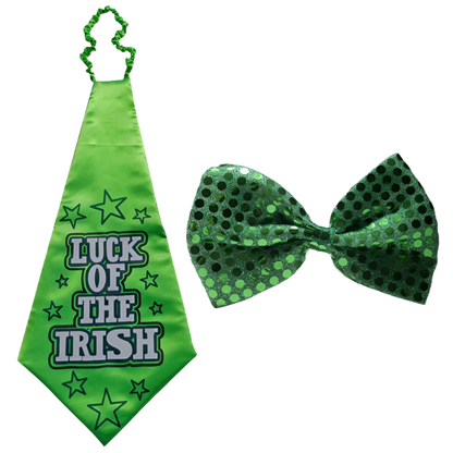 "St. Patrick's Day green sequin bow tie and necktie set with adjustable strap"
