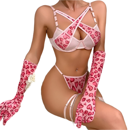 Zebra Print 4 Pieces Sexy Lingerie Set with Metal Chain Criss Cross Detail and Gloves