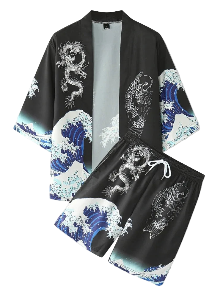 Black kimono-style outfit with dragon and wave design on a white background