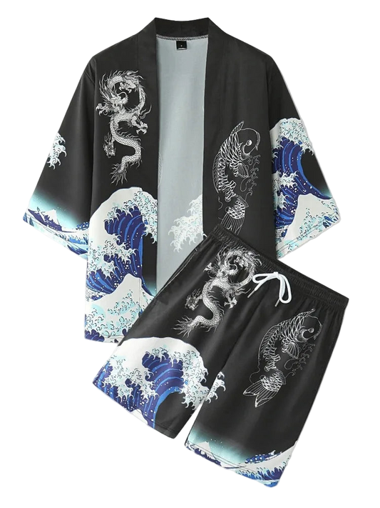Black kimono-style outfit with dragon and wave design on a white background