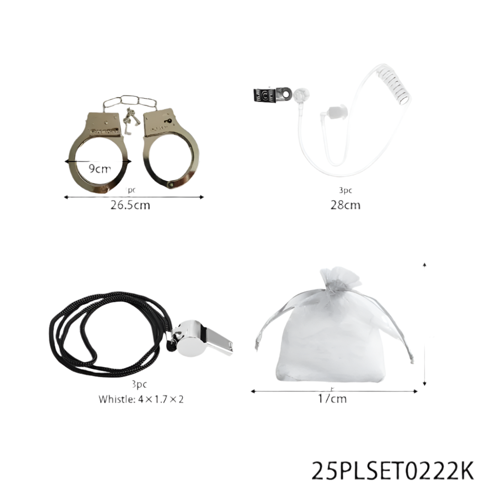 Set of handcuffs, leash, whistle, and drawstring bag with measurements on a white background