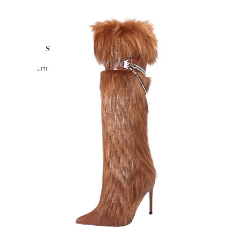 Elegant Knee-Length Fluffy Fur Boots with Stiletto Heel for Resort Evening Wear