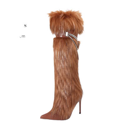 Elegant Knee-Length Fluffy Fur Boots with Stiletto Heel for Resort Evening Wear