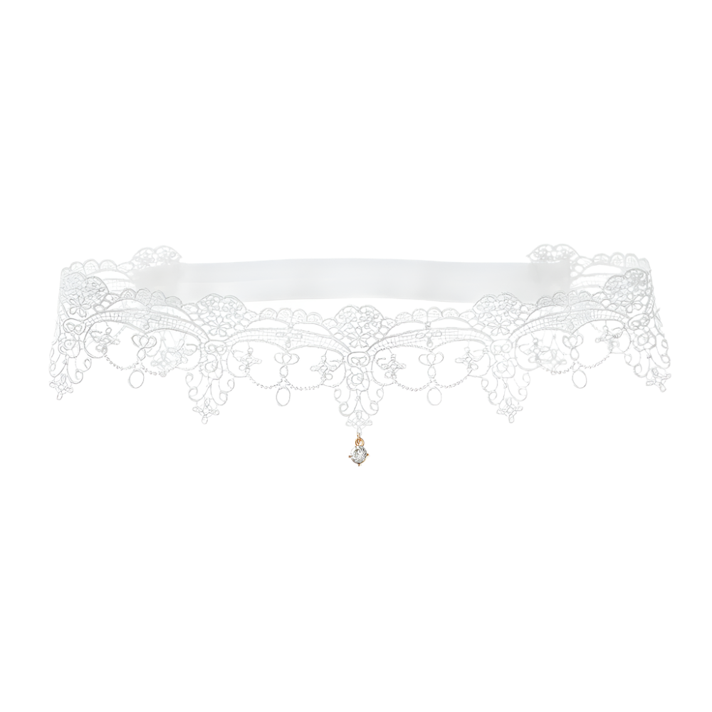 Crystal pendant lace garters with decorative thigh bands in white and black for resort evenings

