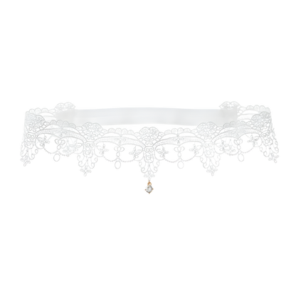 Crystal pendant lace garters with decorative thigh bands in white and black for resort evenings

