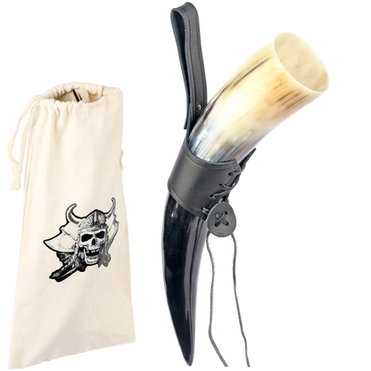 Viking Drinking Horn Mug | Medieval Tankard with Leather Holder