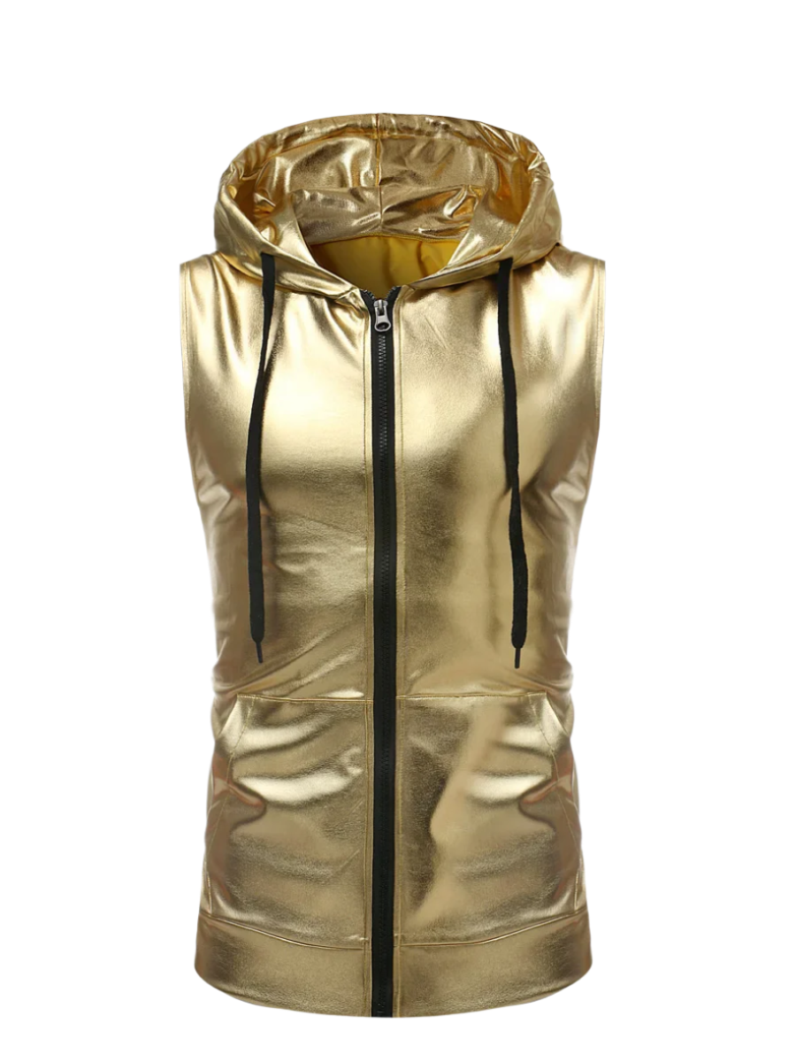 Gold Tank Top Plus Size Hooded Vest Zipper Streetwear Shinny Sleeveless T-shirt