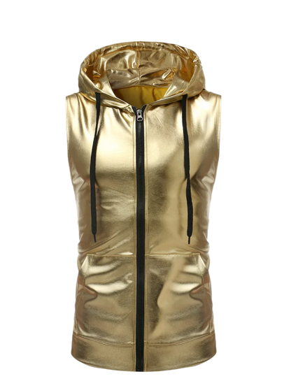 Gold Tank Top Plus Size Hooded Vest Zipper Streetwear Shinny Sleeveless T-shirt