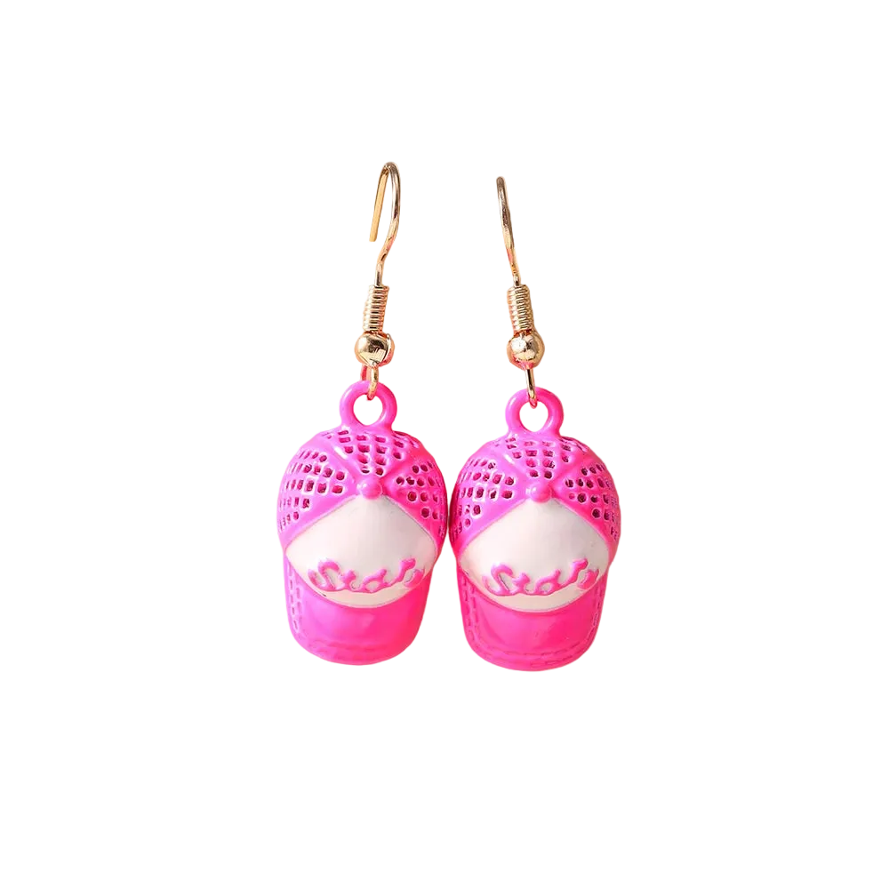 A pair of dangling earrings shaped like pink flip-flops with white soles, displayed on a beige jewelry stand.