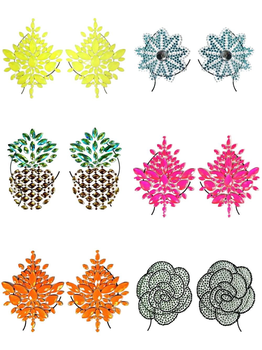 Nine pairs of decorative floral and pineapple-shaped earrings arranged in a 3x3 grid on a plain white background. The designs include yellow, blue, green, pink, brown, orange, black, and silver-tone styles, with rhinestone-like detailing and floral or pineapple motifs.