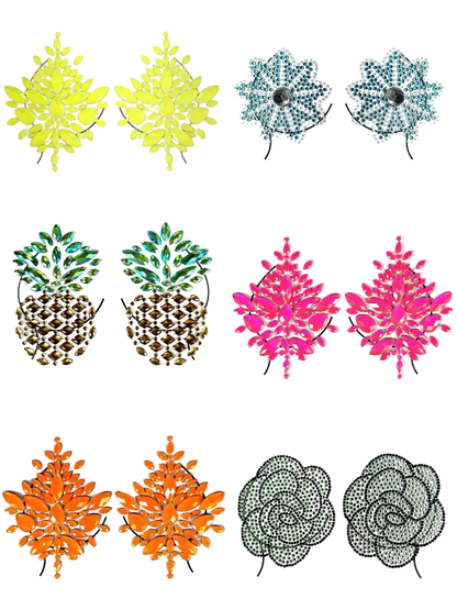 Nine pairs of decorative floral and pineapple-shaped earrings arranged in a 3x3 grid on a plain white background. The designs include yellow, blue, green, pink, brown, orange, black, and silver-tone styles, with rhinestone-like detailing and floral or pineapple motifs.