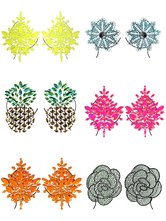 Nine pairs of decorative floral and pineapple-shaped earrings arranged in a 3x3 grid on a plain white background. The designs include yellow, blue, green, pink, brown, orange, black, and silver-tone styles, with rhinestone-like detailing and floral or pineapple motifs.