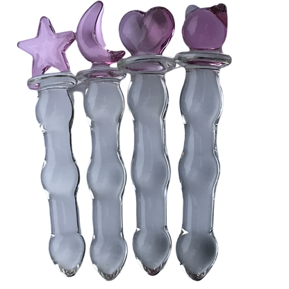 Glass Wand Set: A set of four glass wands with clear bodies and pink decorative tops in shapes of a star, crescent moon, heart, and cat ears.