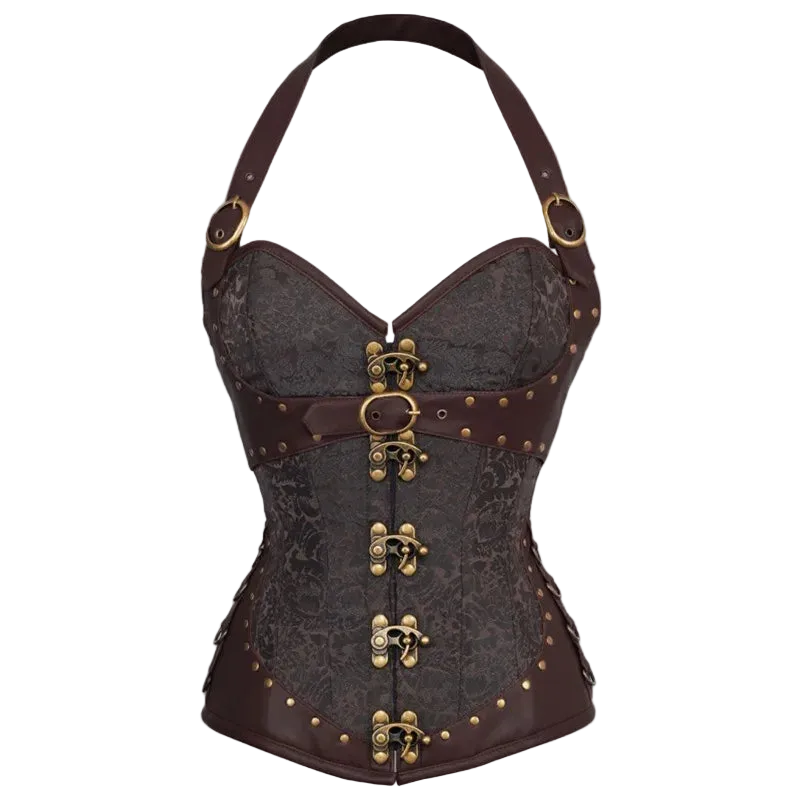 Steampunk-style corset with intricate details on a white background