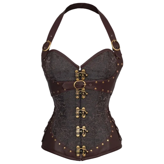 Steampunk-style corset with intricate details on a white background