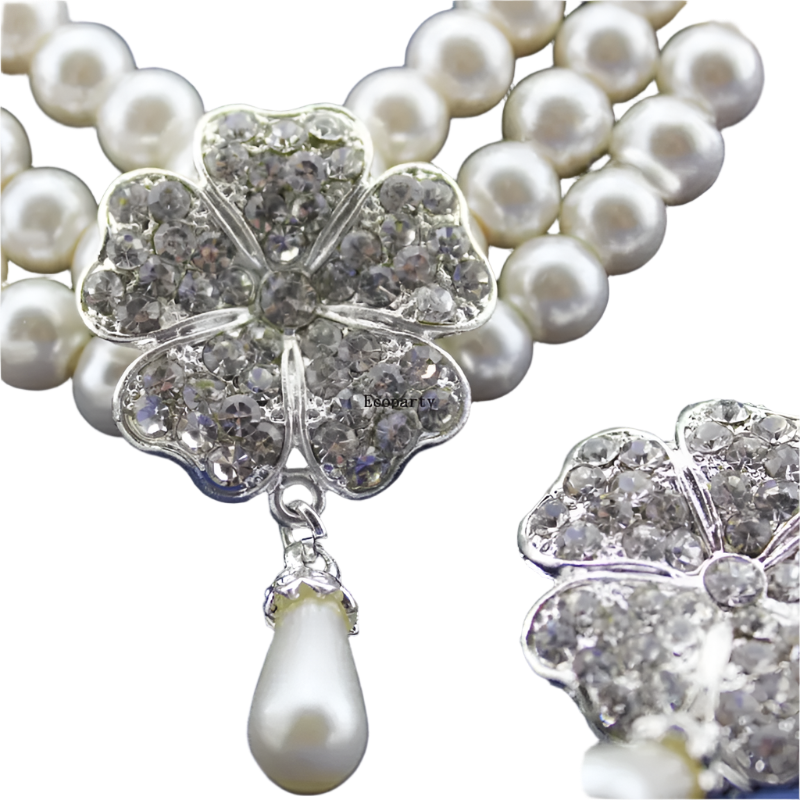 Luxury pearl and rhinestone jewelry set combining flapper and Audrey Hepburn styles for resort theme nights and bridal events

