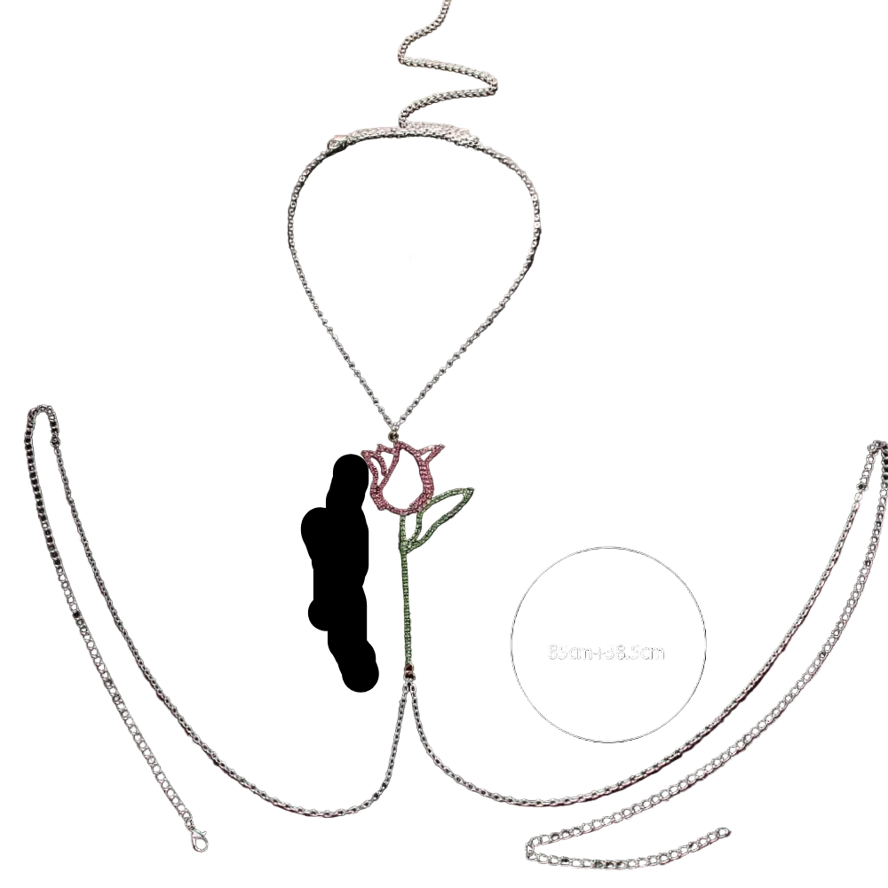 Silver chain necklace with a rose-shaped pendant featuring a pink top and green stem, displayed on a dark background with measurement circles and weight text '34.9g'.