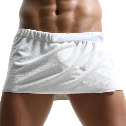 White athletic shorts worn by a person on a white background