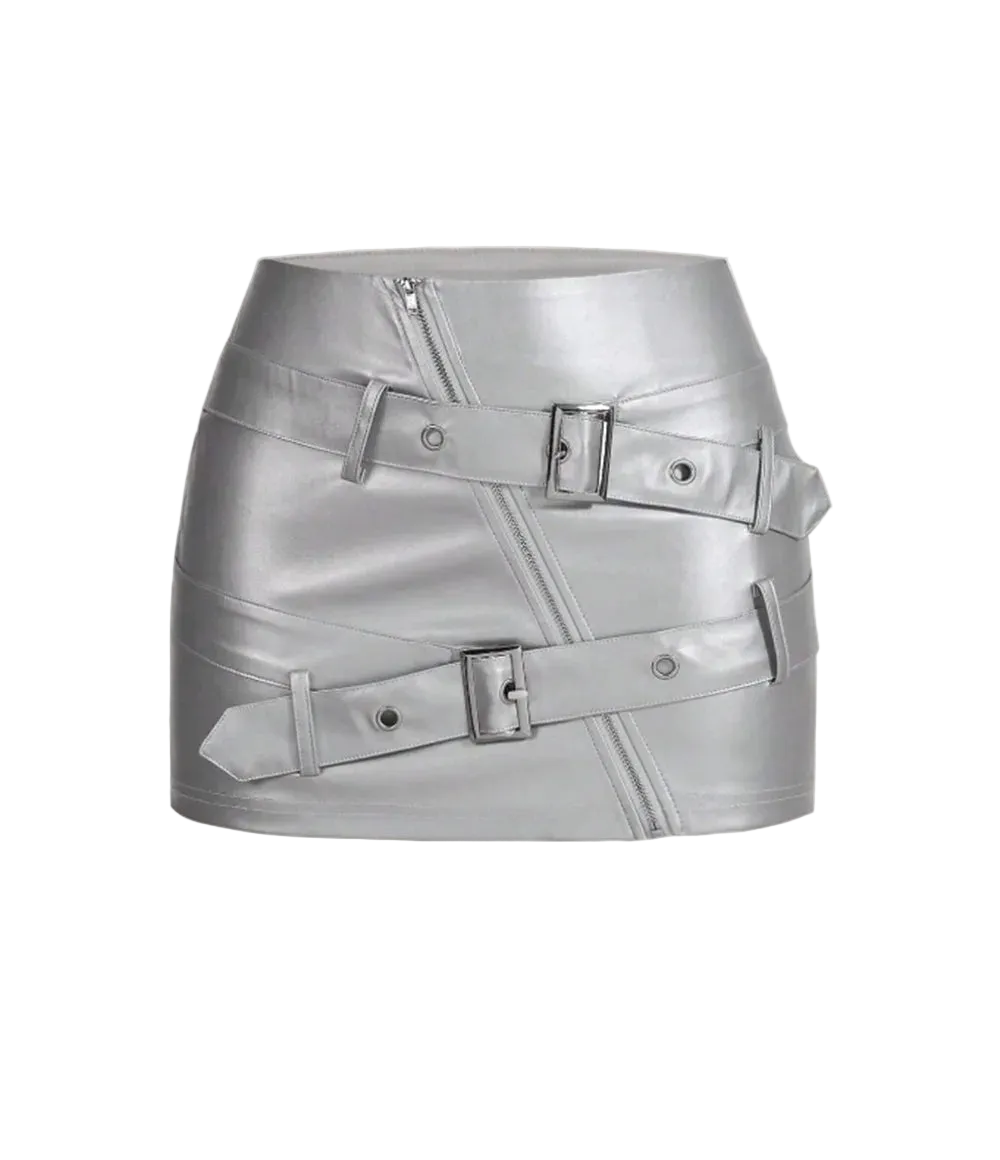 Silver leather skirt with belt and zippers on a light gray background