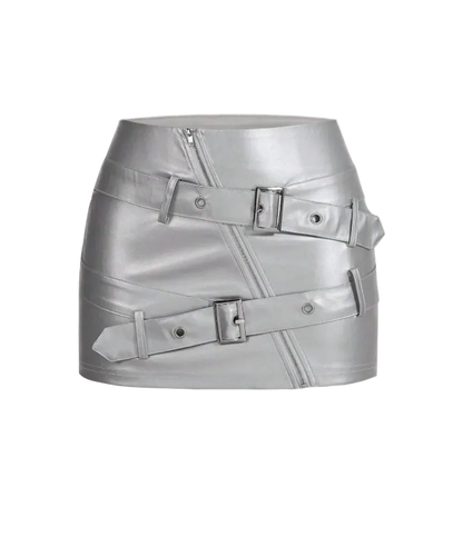 Silver leather skirt with belt and zippers on a light gray background