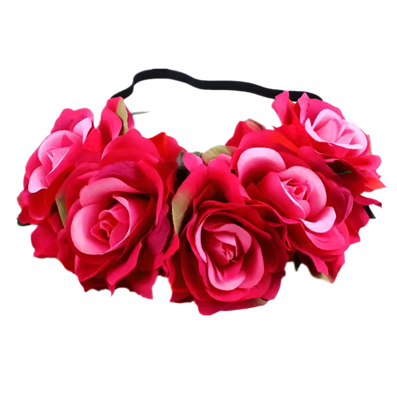 A floral headband featuring large, vibrant roses. The design is bold and romantic, perfect for a bohemian or festival look.