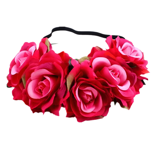 A floral headband featuring large, vibrant roses. The design is bold and romantic, perfect for a bohemian or festival look.