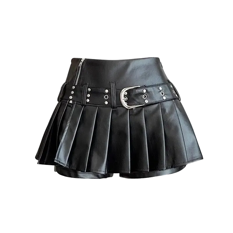 A black faux leather pleated mini skirt with a wide waist belt featuring silver-tone metal studs and a large silver buckle, shown against a plain white background.