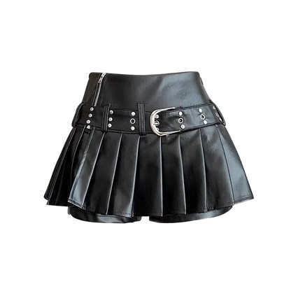 A black faux leather pleated mini skirt with a wide waist belt featuring silver-tone metal studs and a large silver buckle, shown against a plain white background.
