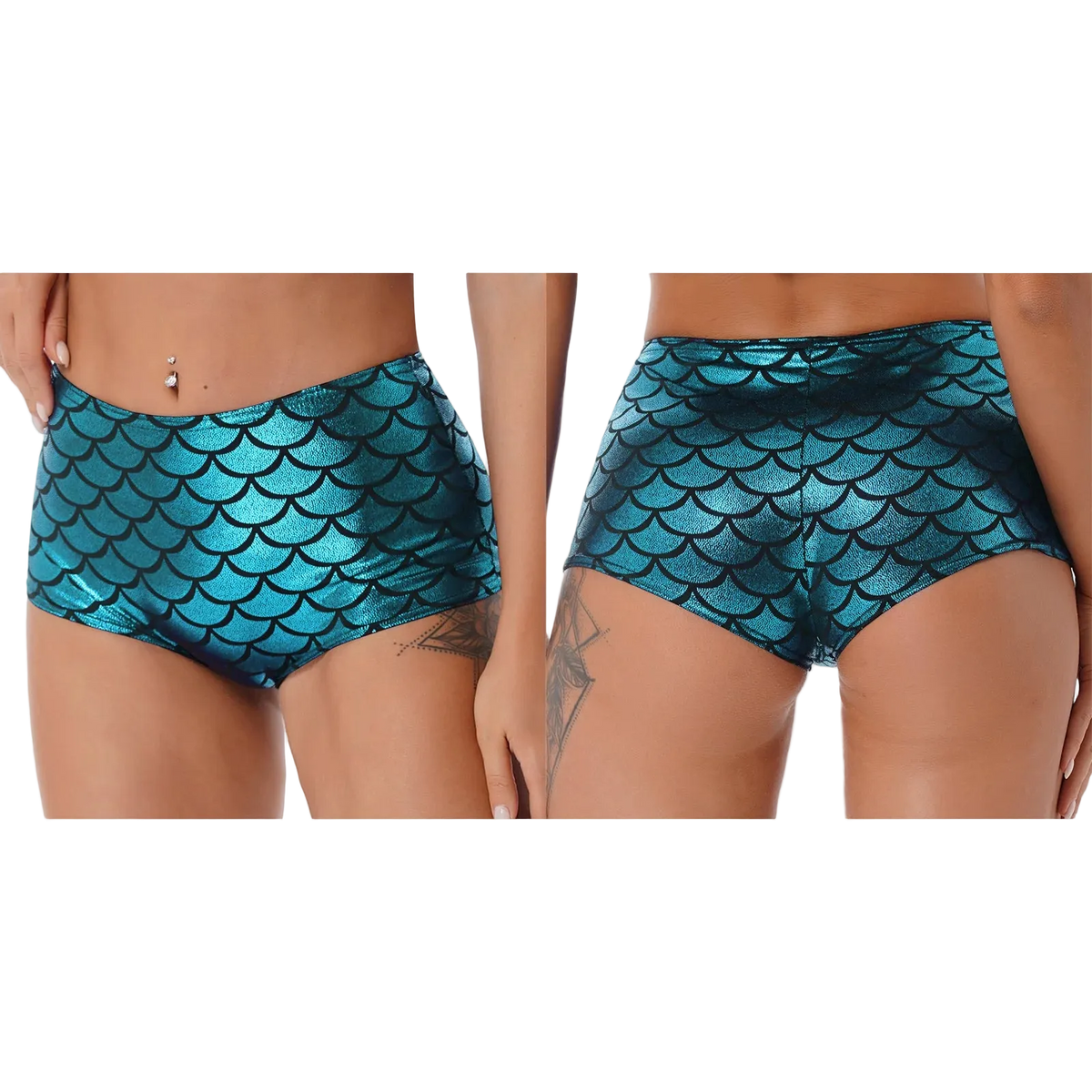Two views of a model wearing shiny teal-blue mermaid scale bikini bottoms against a plain white background.