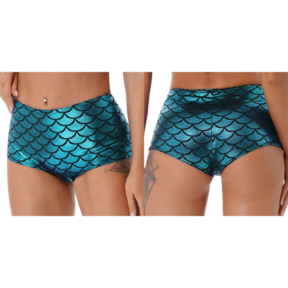 Two views of a model wearing shiny teal-blue mermaid scale bikini bottoms against a plain white background.