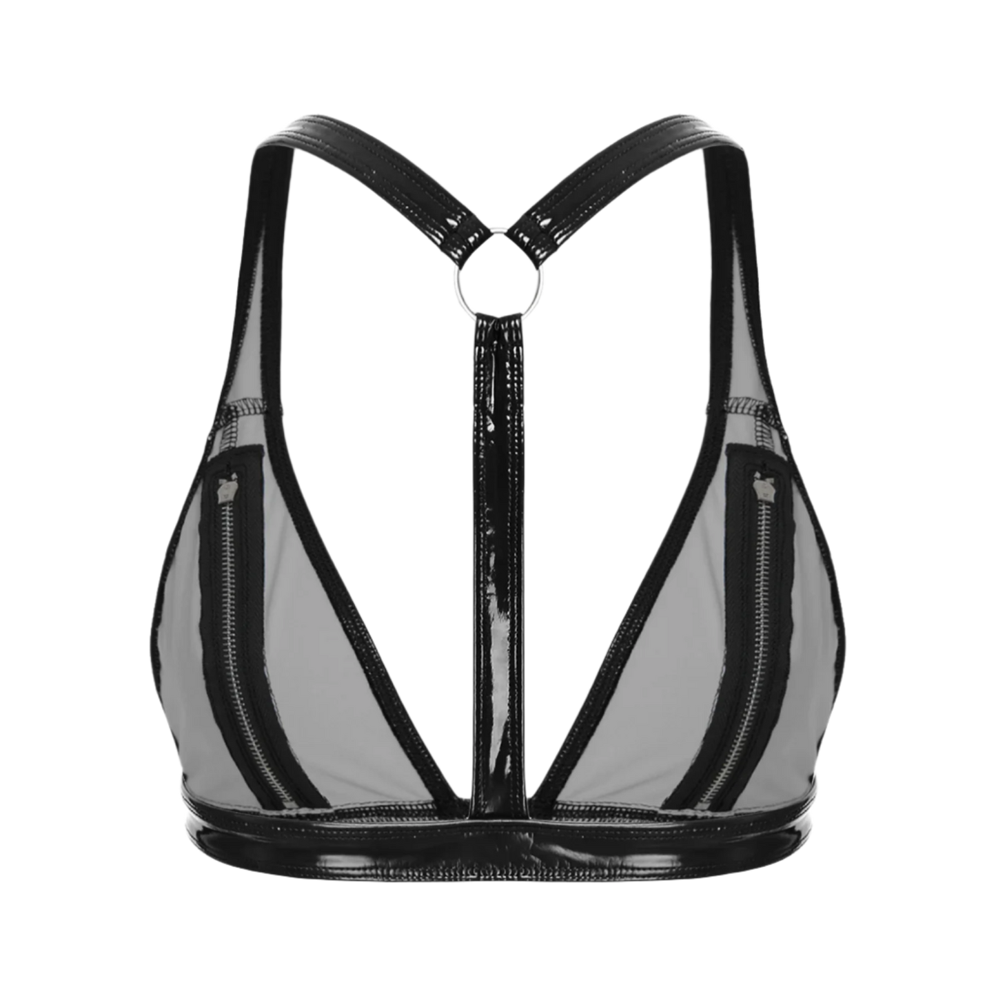 Black and gray bralette with zipper details on a white background