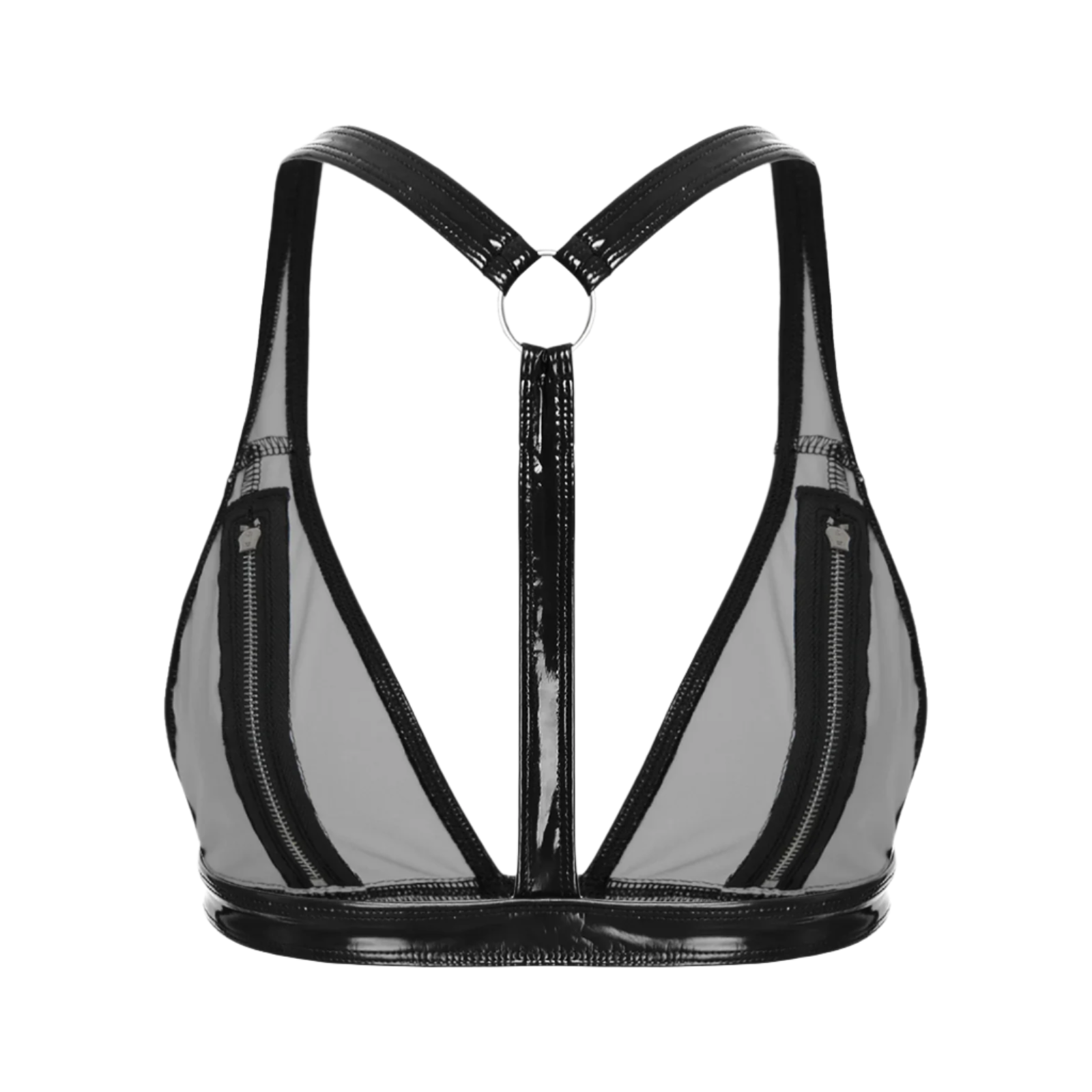 Black and gray bralette with zipper details on a white background