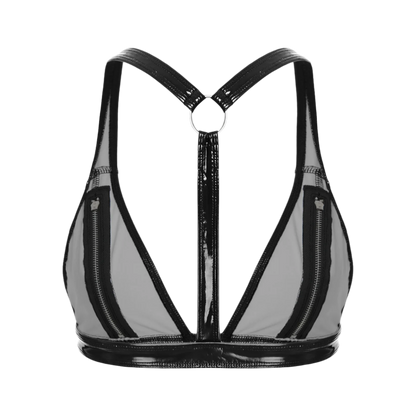 Black and gray bralette with zipper details on a white background