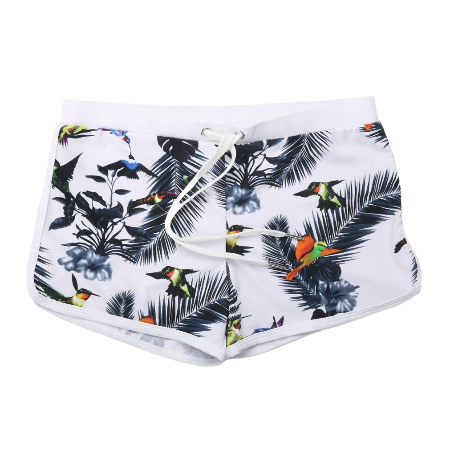 bird and leaf-patterned swim shorts with a white waistband