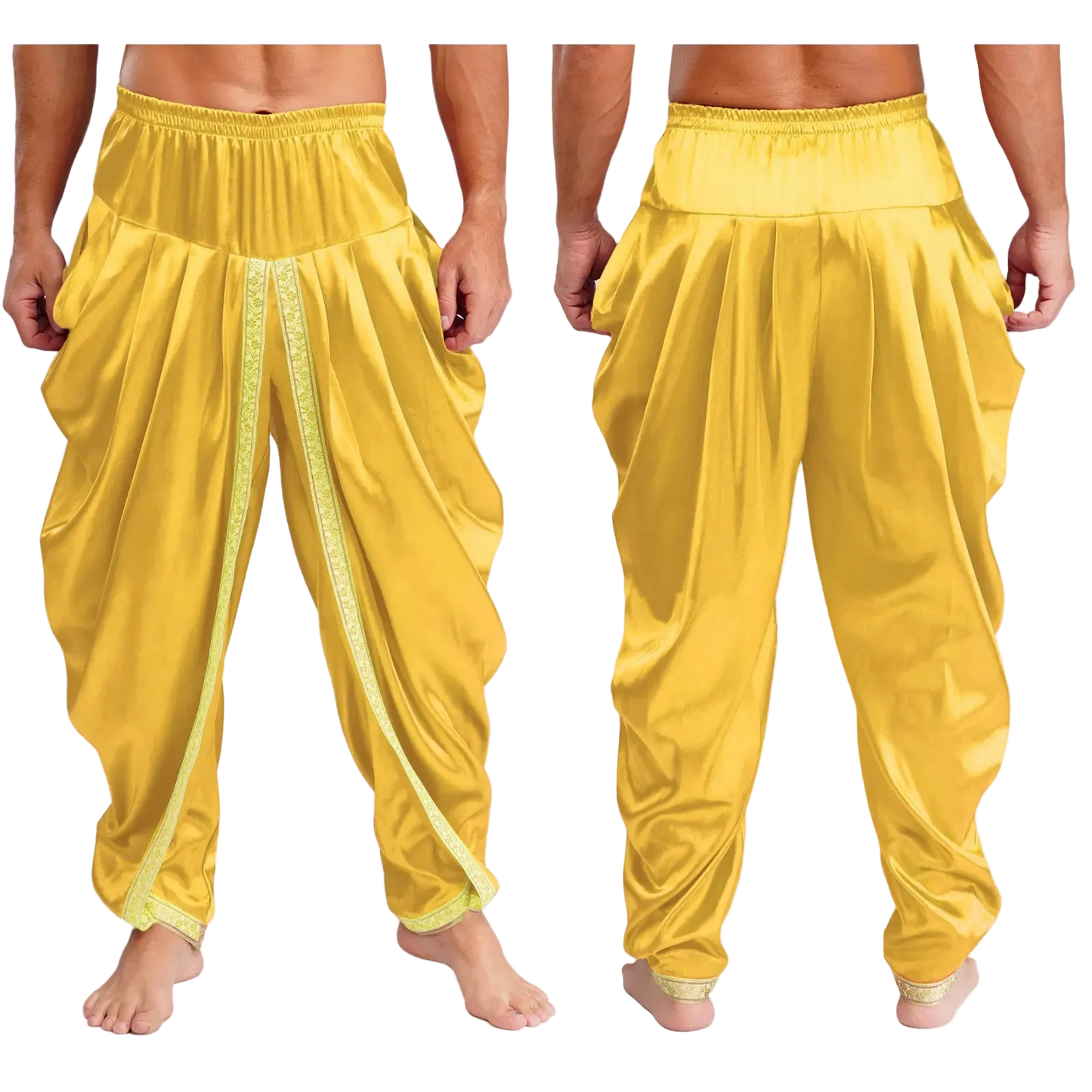 Yellow harem-style pants shown on a cropped male model from the front and back, with a shiny satin-like finish and decorative trim down the front.