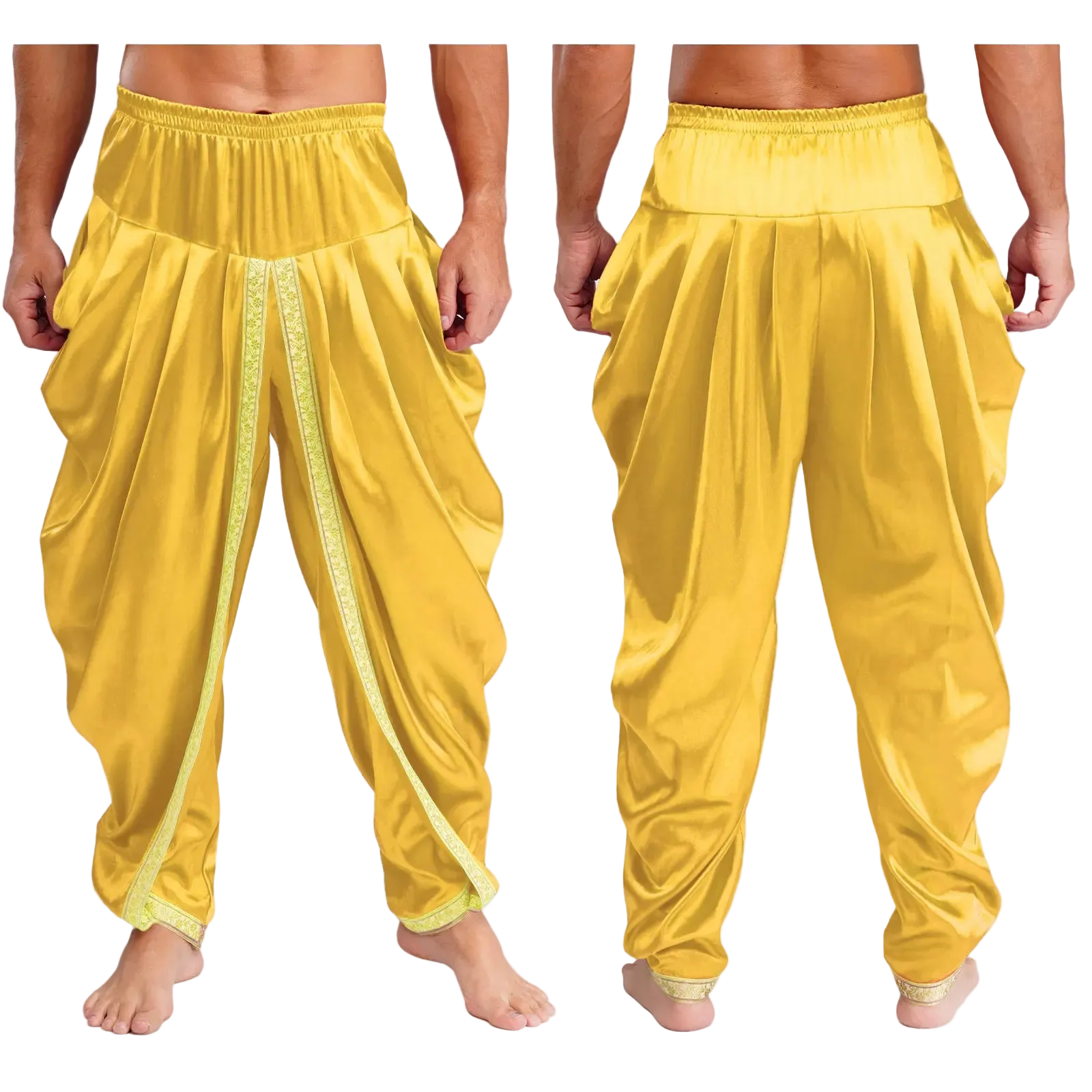 Yellow harem-style pants shown on a cropped male model from the front and back, with a shiny satin-like finish and decorative trim down the front.
