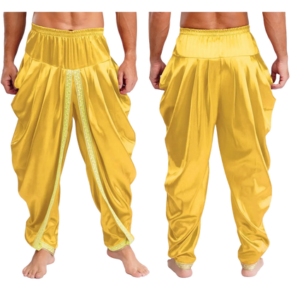 Yellow harem-style pants shown on a cropped male model from the front and back, with a shiny satin-like finish and decorative trim down the front.