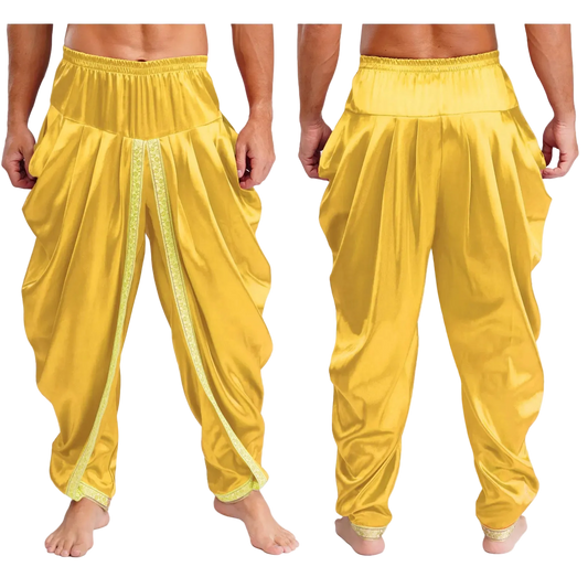 Yellow harem-style pants shown on a cropped male model from the front and back, with a shiny satin-like finish and decorative trim down the front.
