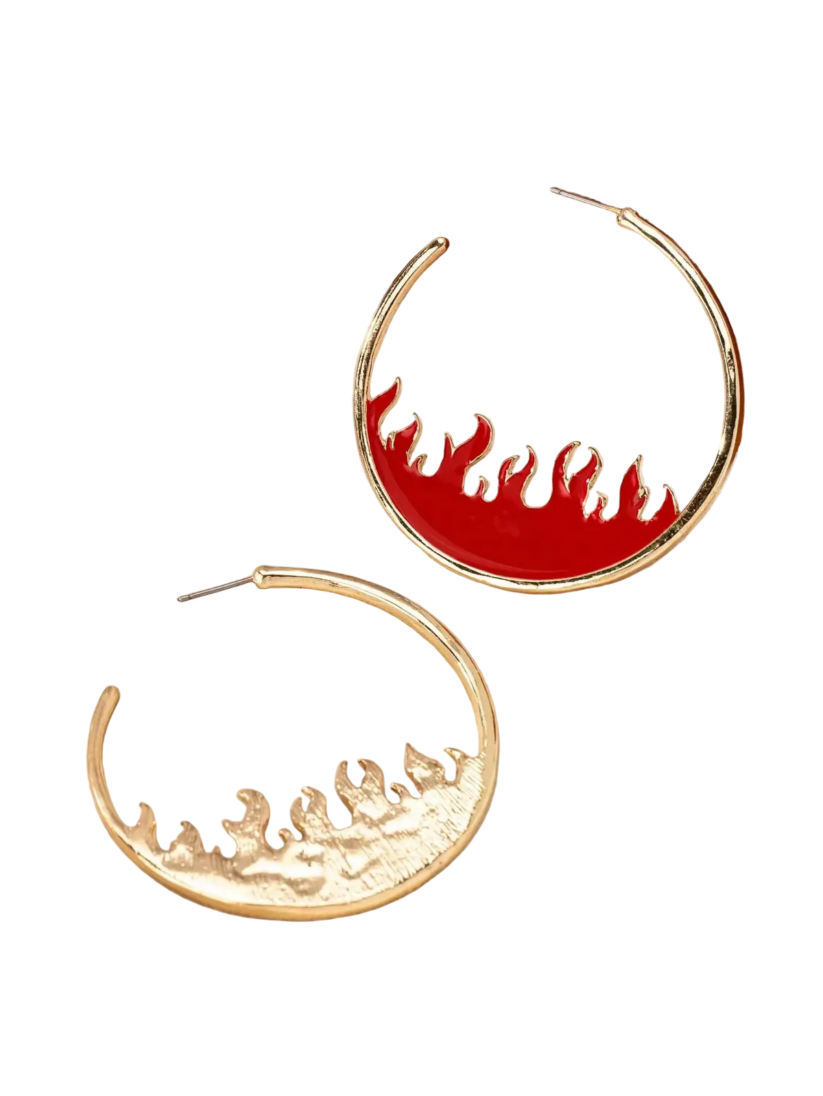 A pair of gold crescent-shaped hoop earrings with flame designs, one featuring a smooth red flame pattern and the other a textured gold flame pattern, displayed on a cream satin fabric next to a wooden jewelry box.