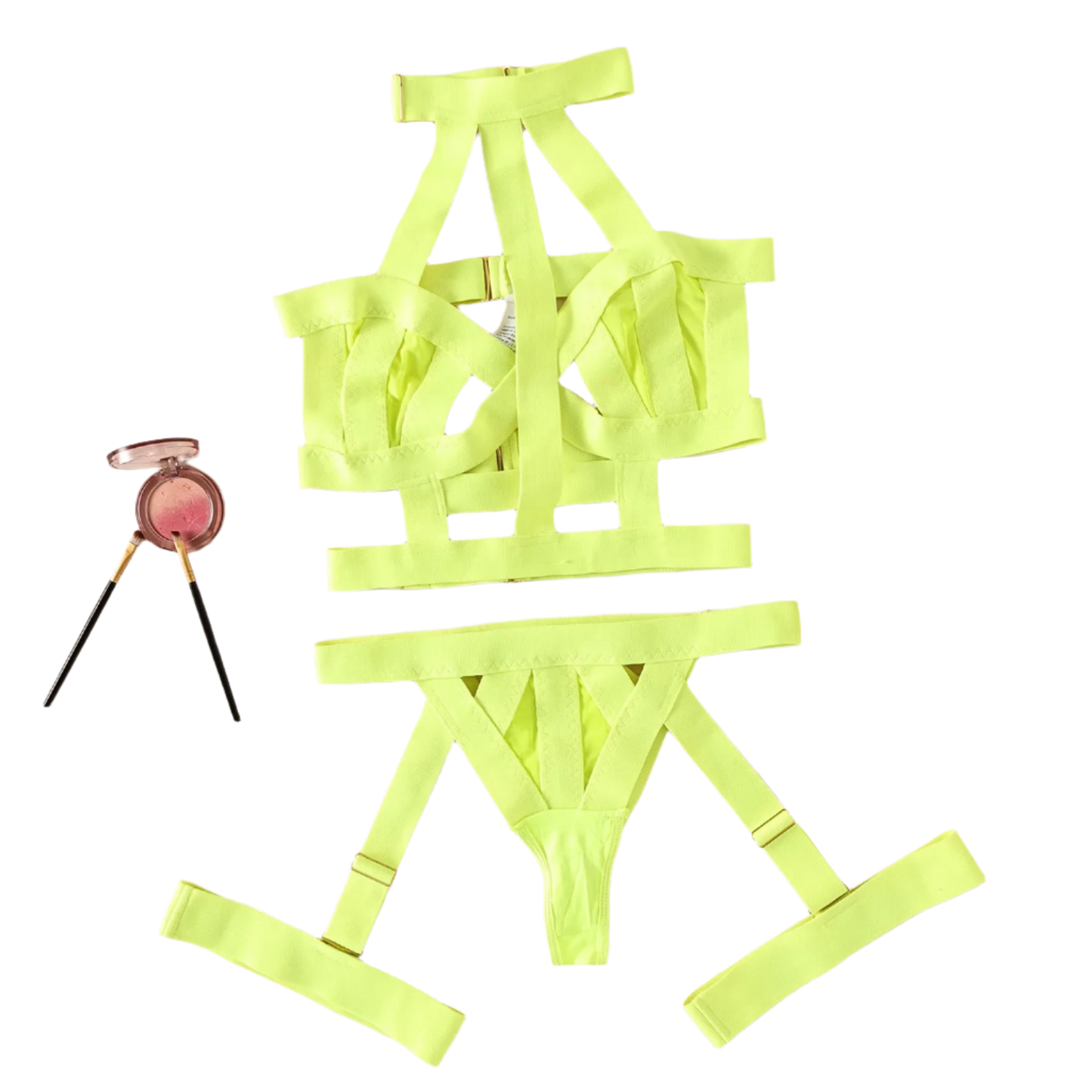 Neon green strappy lingerie set on a beige background with makeup and flowers.