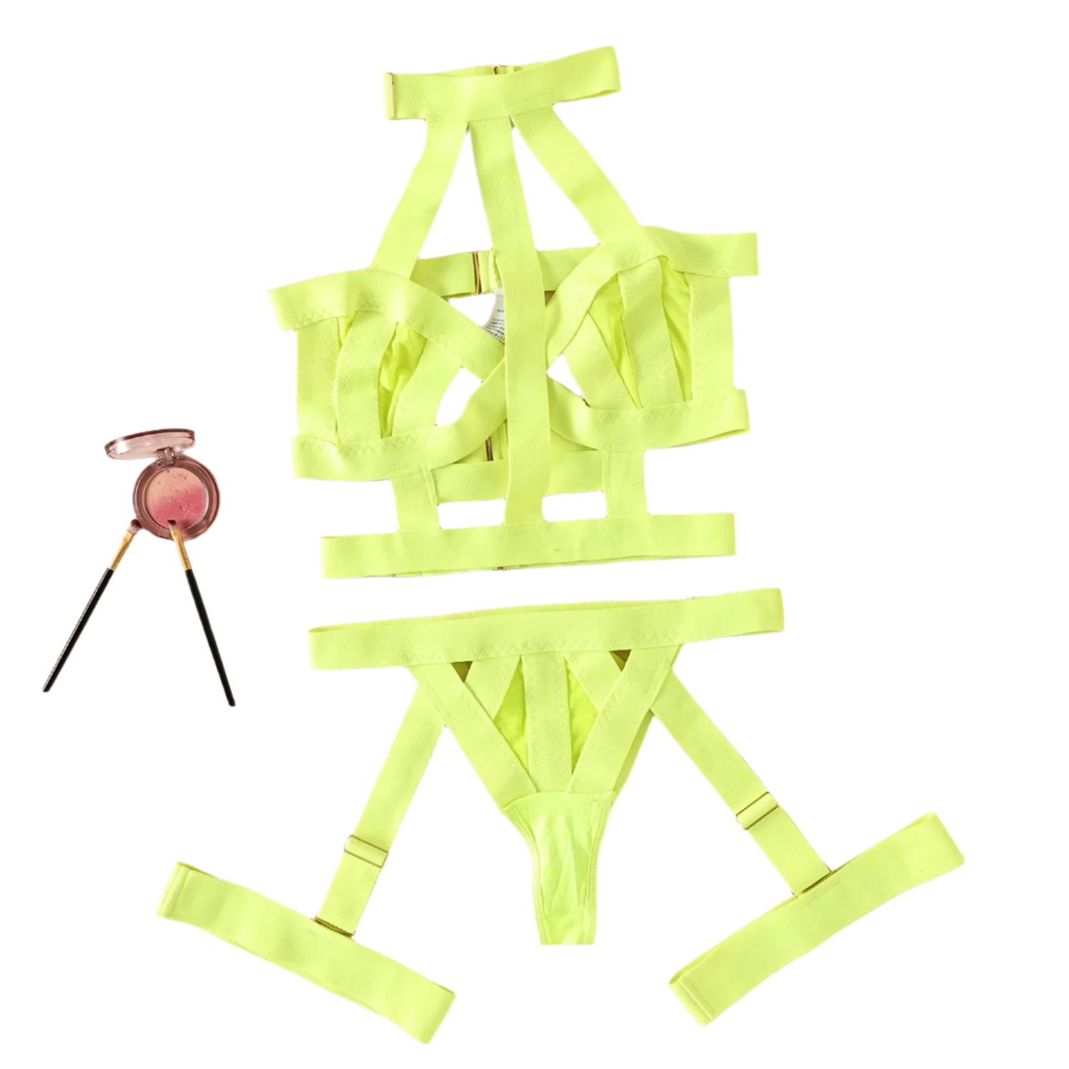 Neon green strappy lingerie set on a beige background with makeup and flowers.