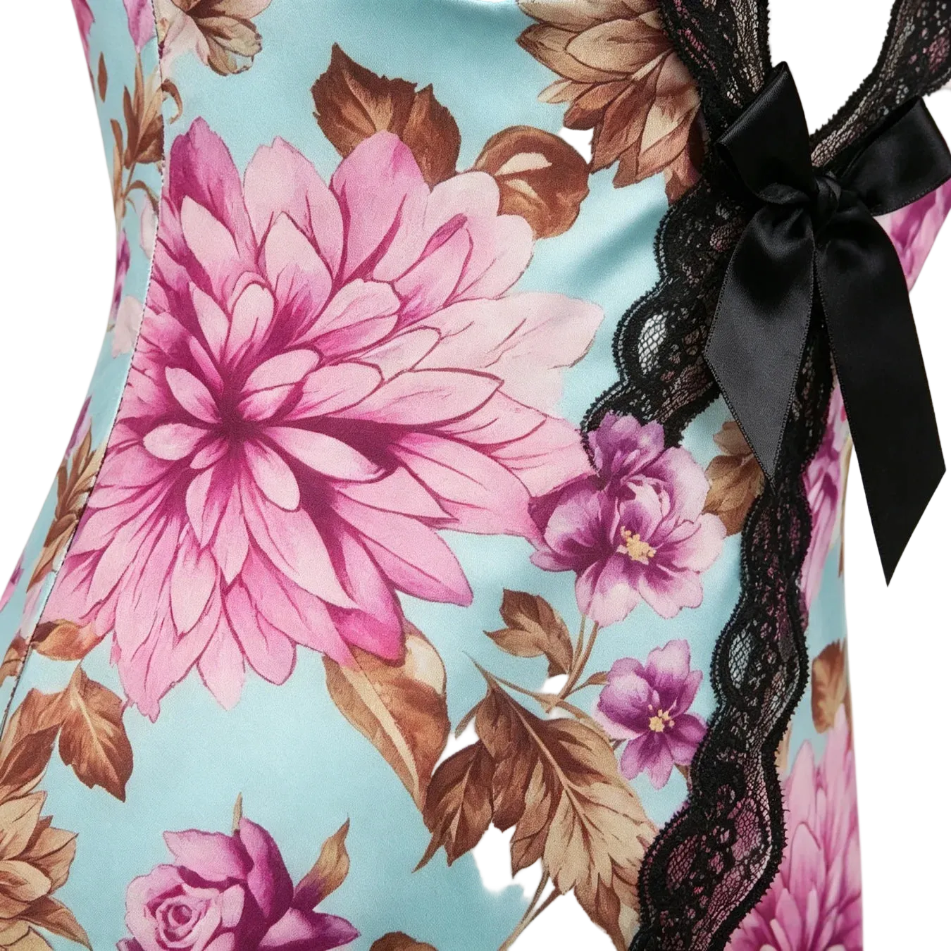 Close-up of a floral bodysuit or dress with a light blue background, large pink flowers, brown leaves, black lace trim, and a black satin bow.