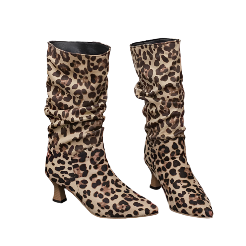 Elegant leopard print mid-calf boots featuring pointed toe and medium heel design, available in extended sizes up to 43

