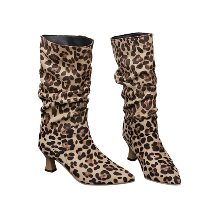 Elegant leopard print mid-calf boots featuring pointed toe and medium heel design, available in extended sizes up to 43

