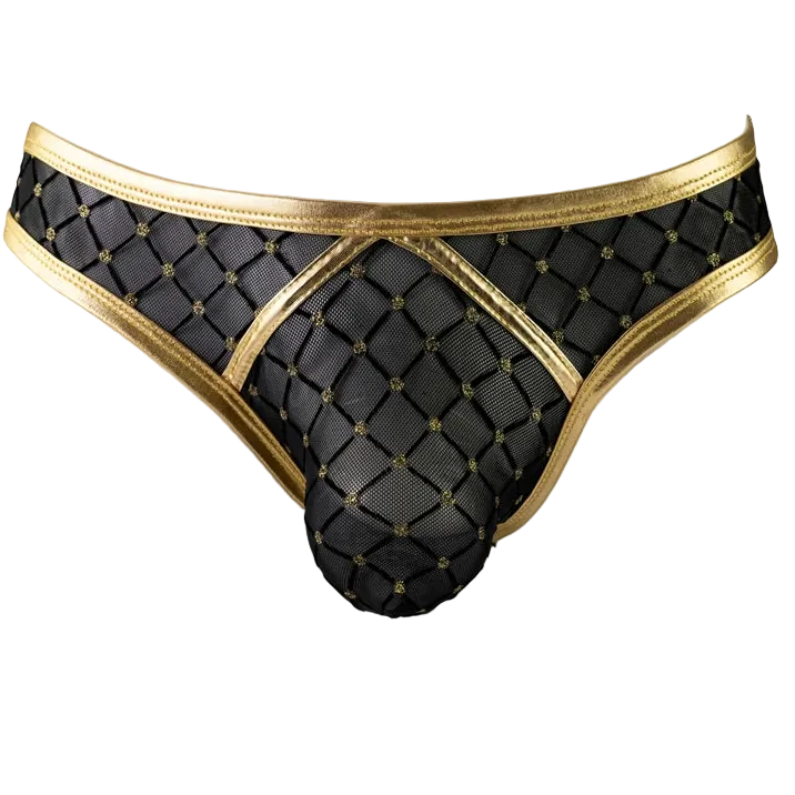 Black mesh jockstrap with gold trim and gold button details, displayed on a white mannequin torso against a white background.
