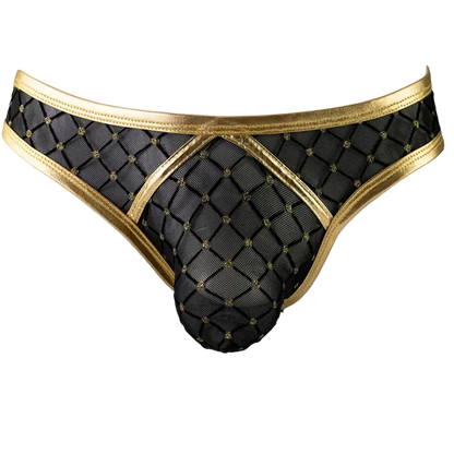 Black mesh jockstrap with gold trim and gold button details, displayed on a white mannequin torso against a white background.