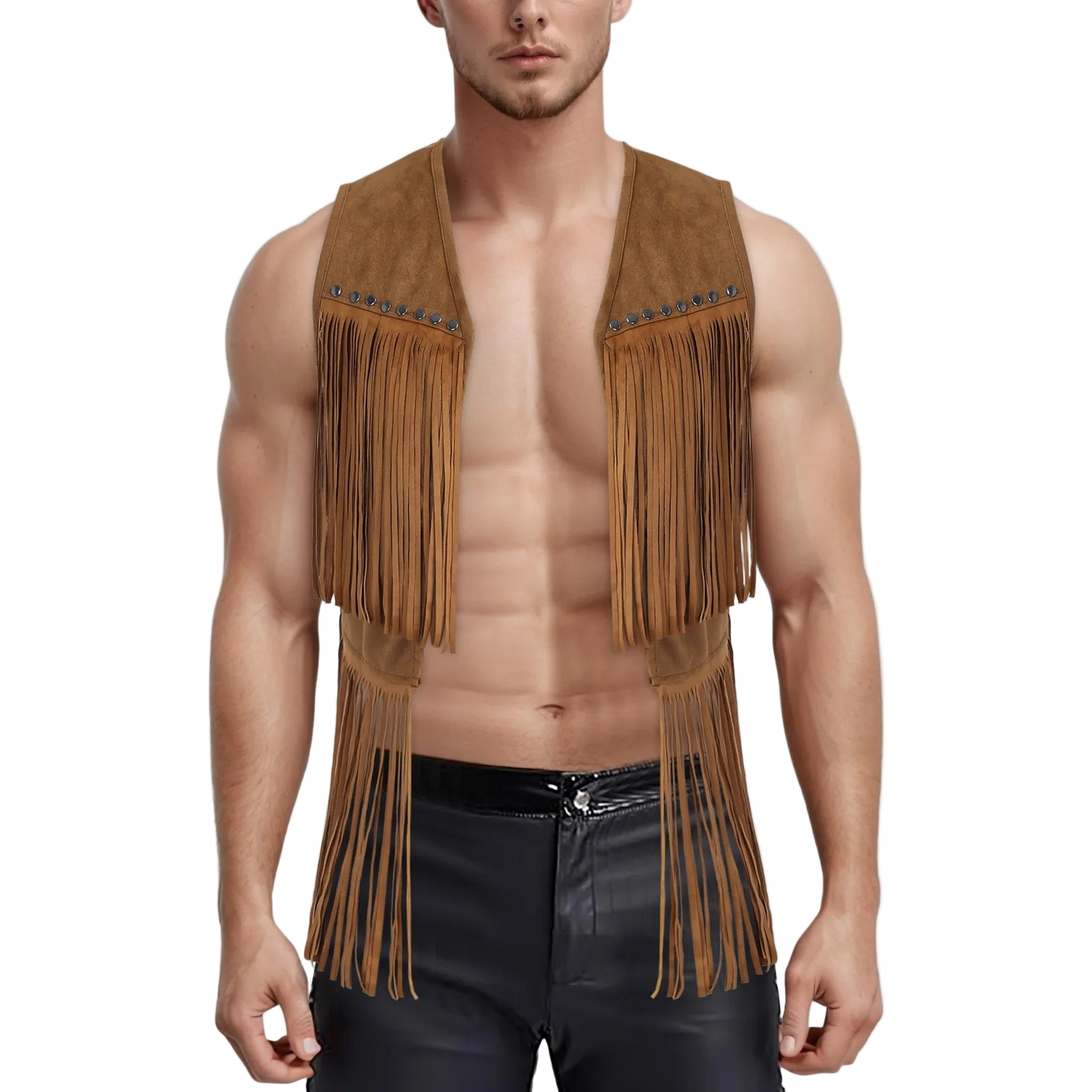 Man wearing a brown fringed vest on a light gray background