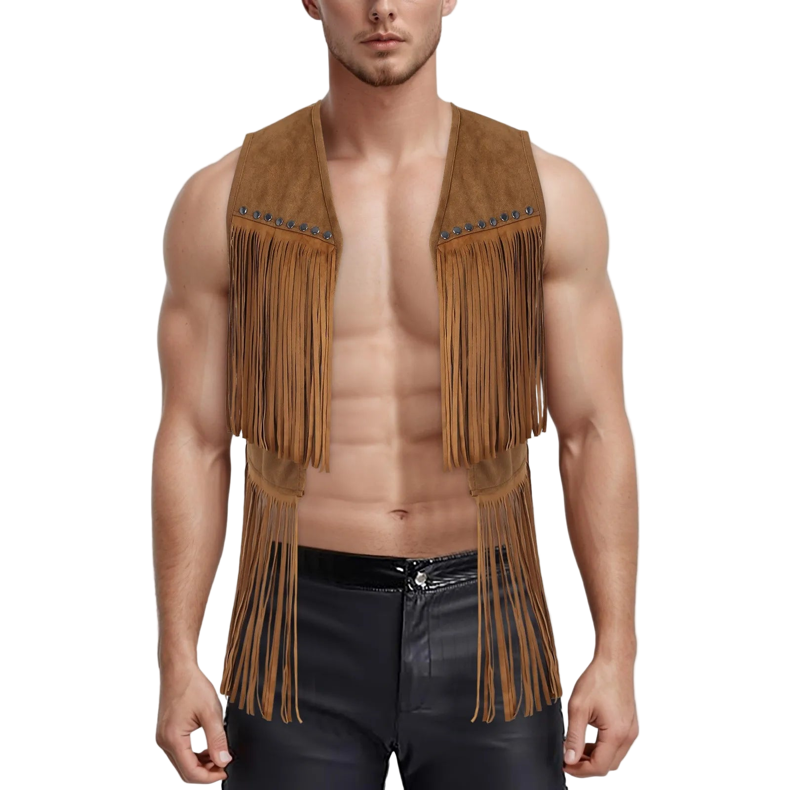 Man wearing a brown fringed vest on a light gray background